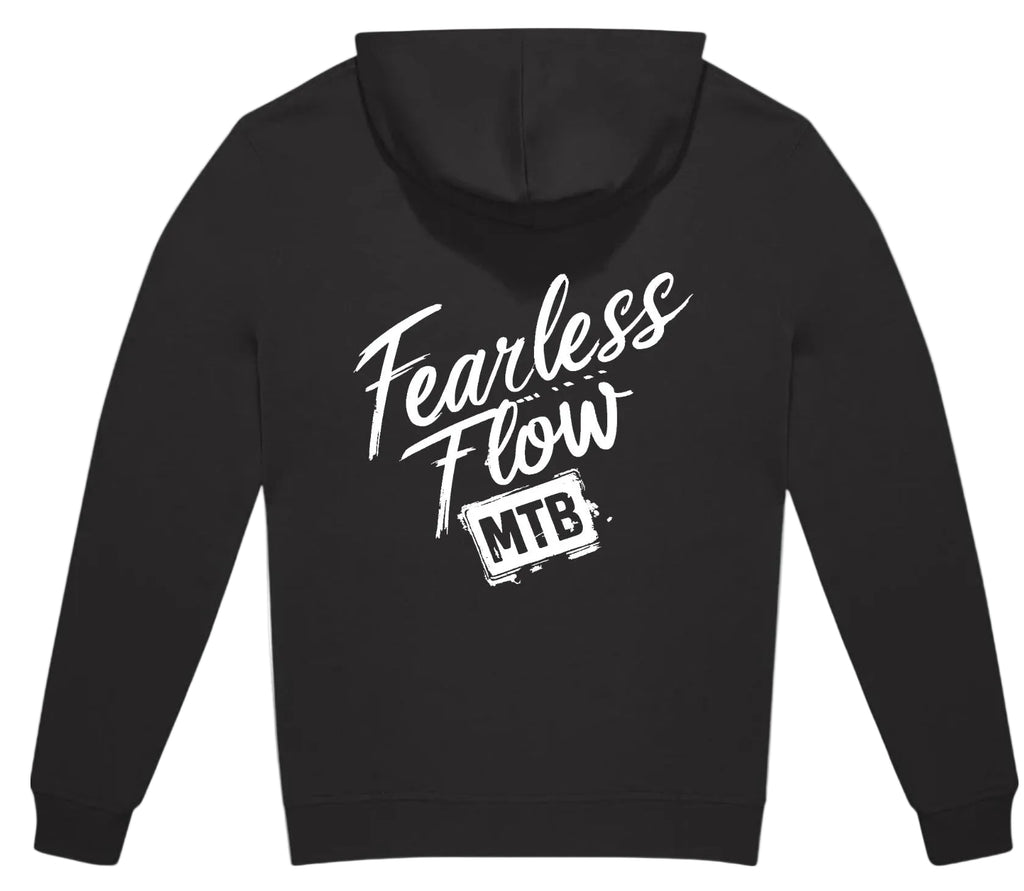 Sweat VTT noir à capuche Fearless Flow pour rider VTT, freeride, vue de dos écriture impression  blanche.
