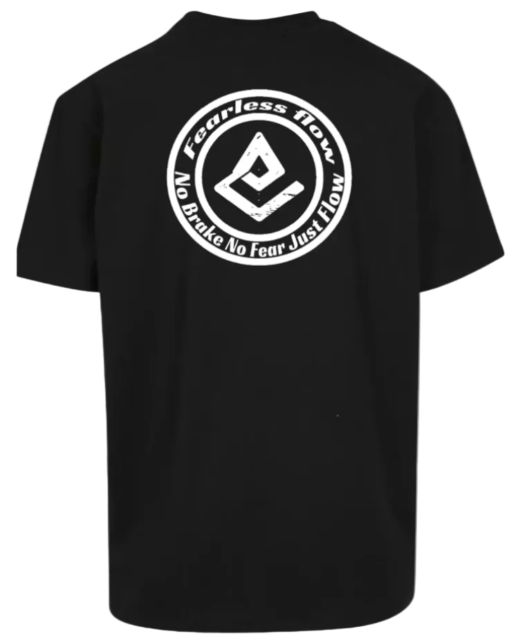 T-shirt noir oversize premium Fearless Flow pour rider VTT, freeride, vue de dos logo impression blanche.