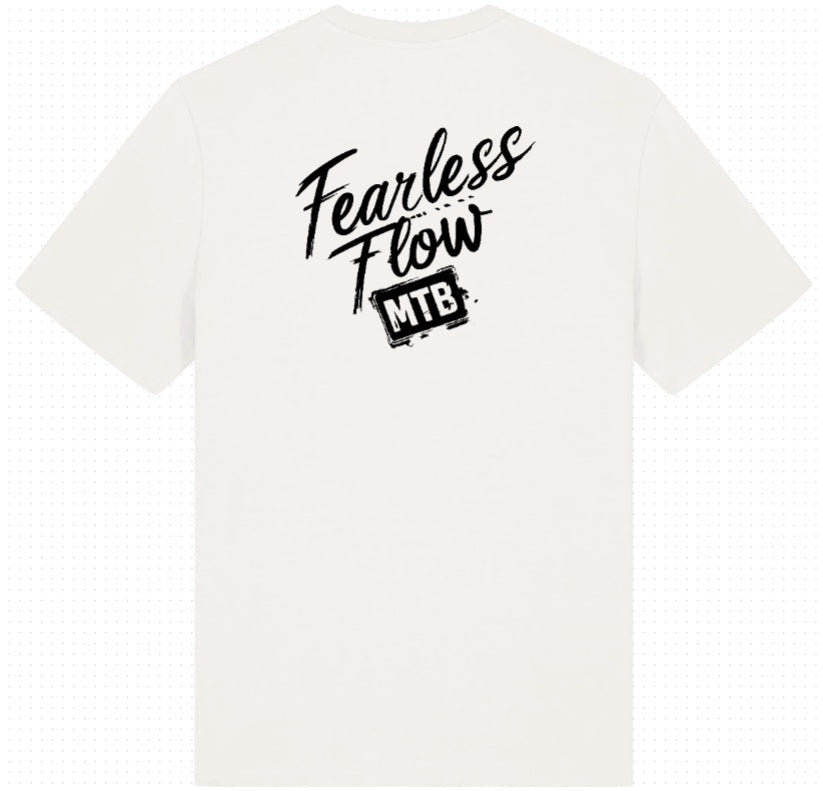 Tee-shirt écru Fearless Flow pour rider VTT, freeride, vue de dos écriture impression noire.