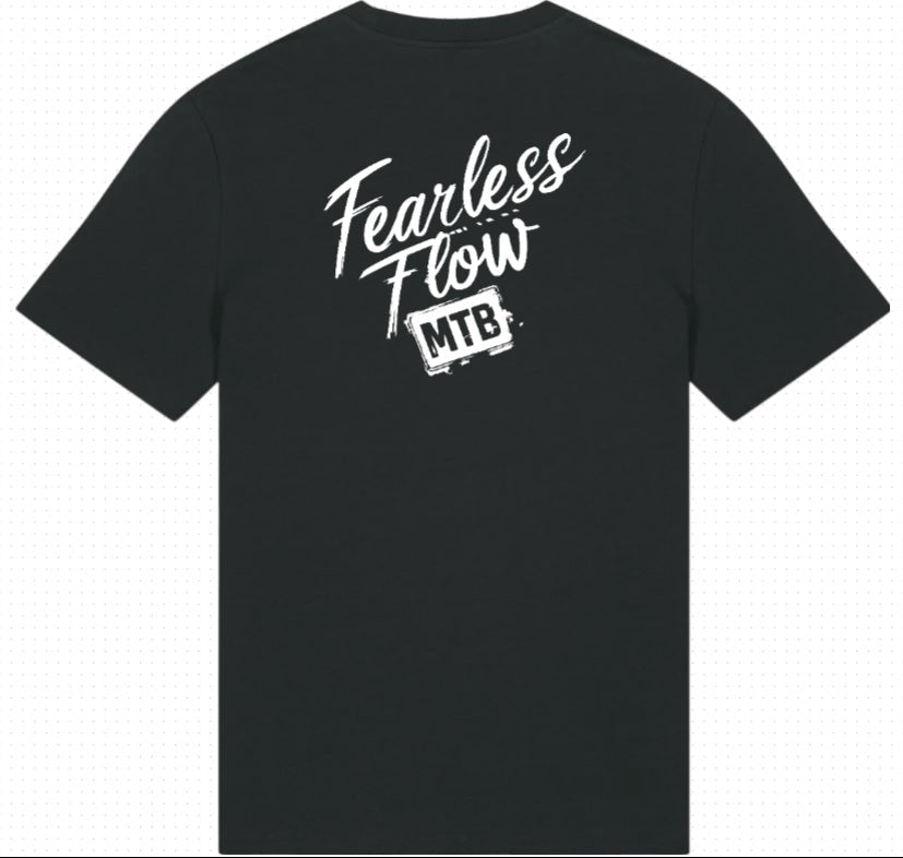 Tee-shirt noir Fearless Flow pour rider VTT, freeride, vue de dos écriture impression blanche.