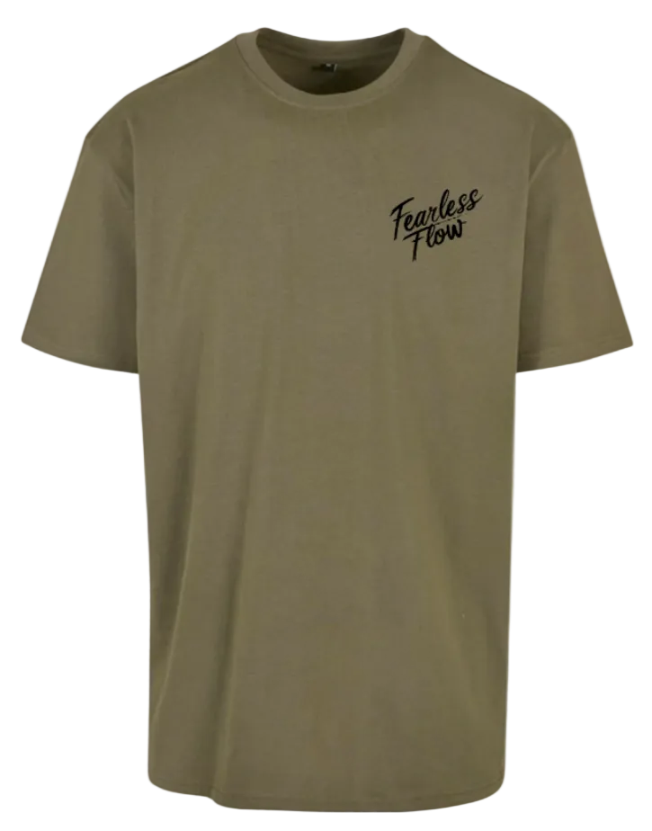 T-shirt olive/kaki oversize premium Fearless Flow pour rider VTT, freeride, vue de face logo impression noire.