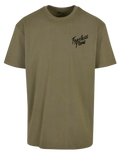 T-shirt olive/kaki oversize premium Fearless Flow pour rider VTT, freeride, vue de face logo impression noire.