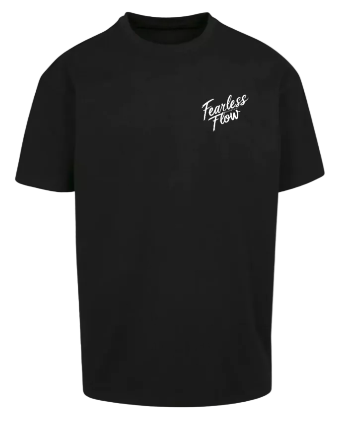 T-shirt noir oversize premium Fearless Flow pour rider VTT, freeride, vue de face logo impression  blanche.
