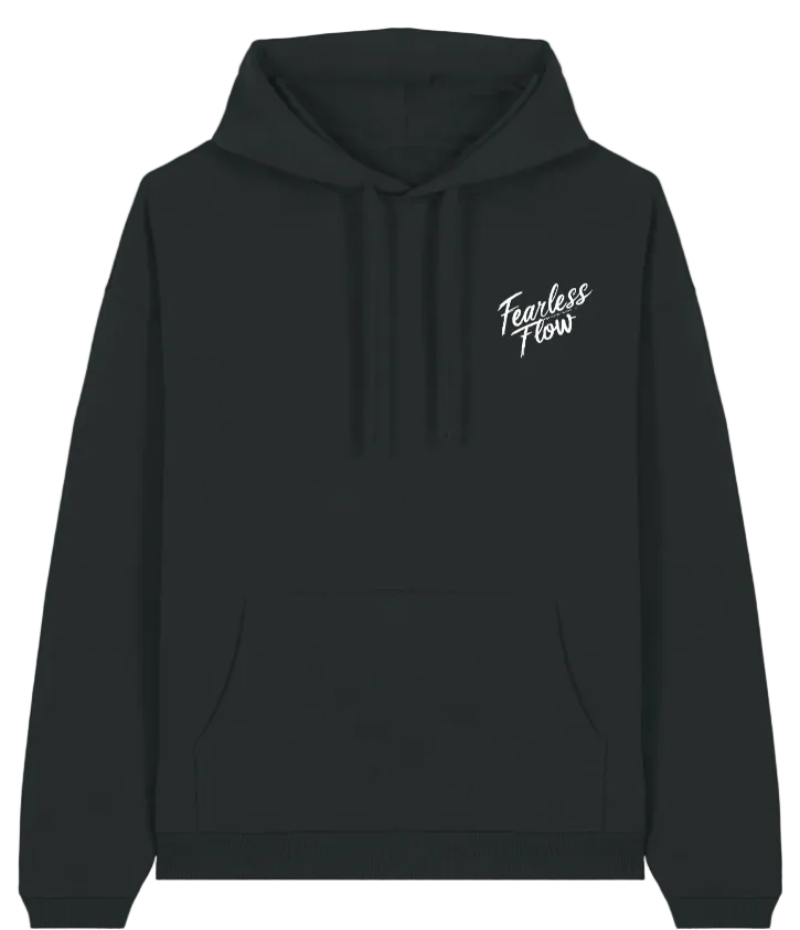 Face avant hoodie VTT noir Fearless Flow, streetwear VTT pour tenue bike park, sweat à capuche confortable, design minimal, petites séries.